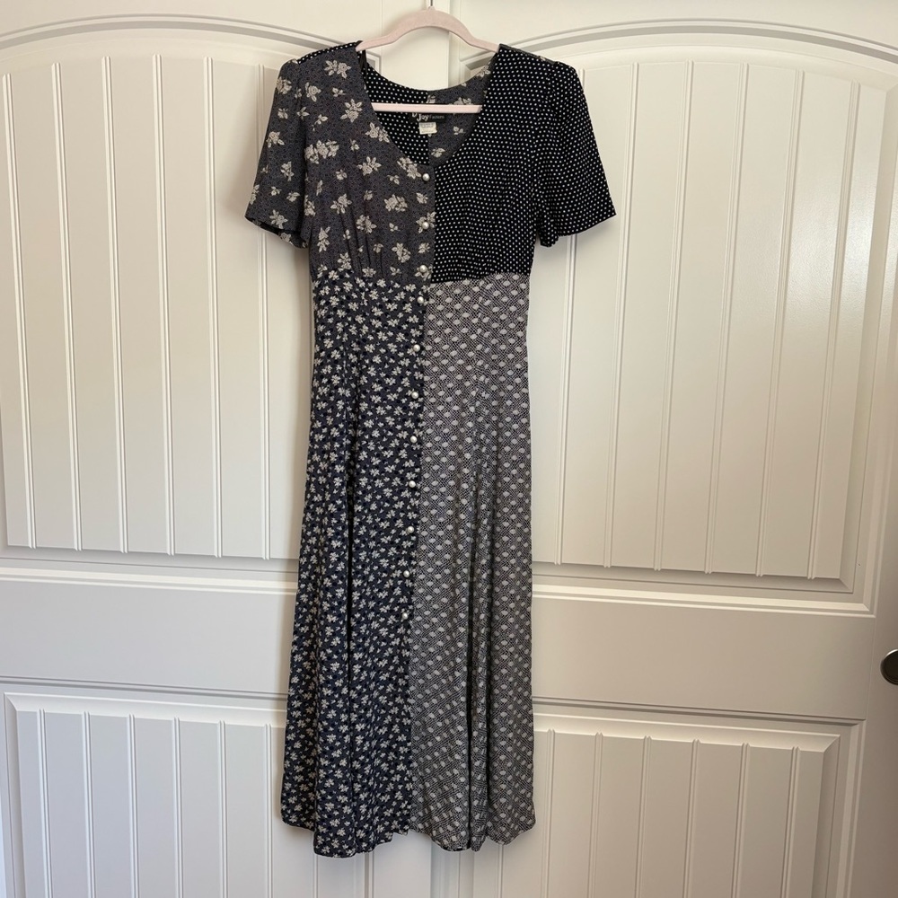 Vintage Dawn Joy Patchwork Midi Dress in Black and Gray Floral Mix size small
